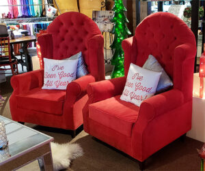 Lounge, red velvet wing back sette chair