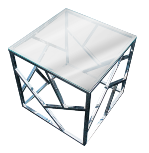 Table, Side, Shiny Silver W/Glass Top